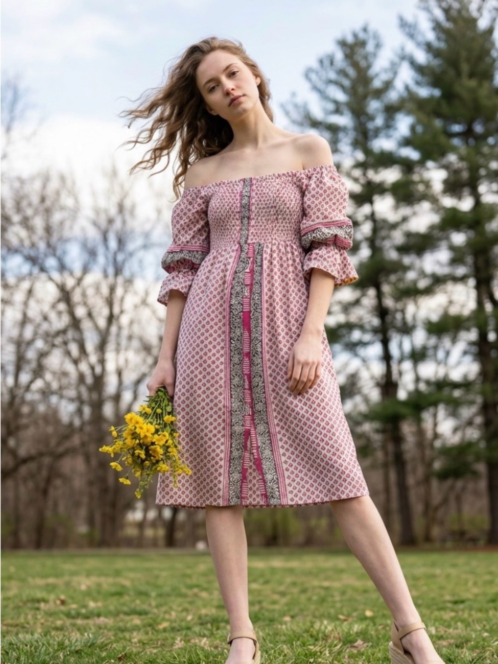 Kantha Smocked Off-Shoulder Mini Romper in Pink Floral, wood buttons, ruffles!